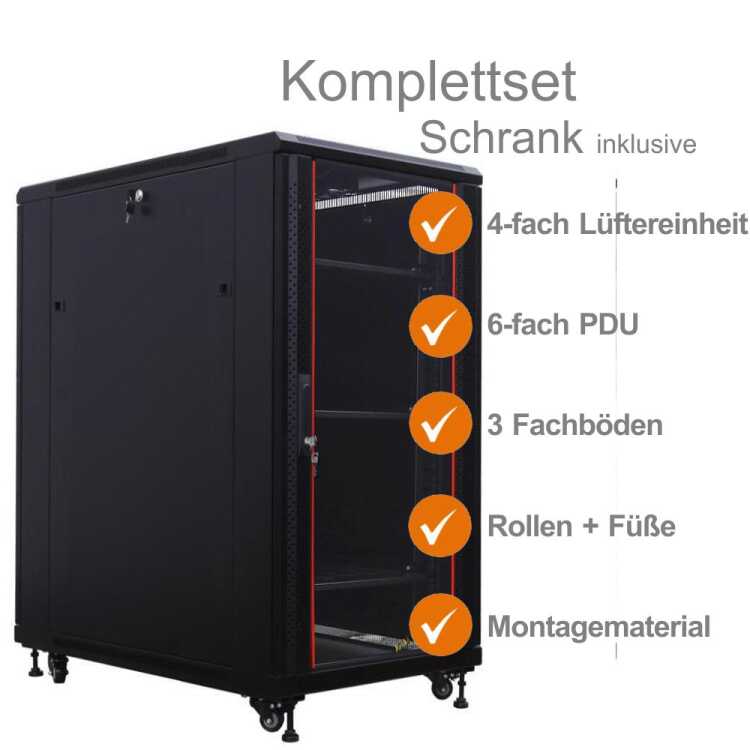 19"-Netzwerkschrank SRK von IT-BUDGET - Komplettset - 27 HE - BxT 600x800 mm - Sicht-/Vollblechtür - 4 Aktiv-Lüfter - Flatpack - schwarz